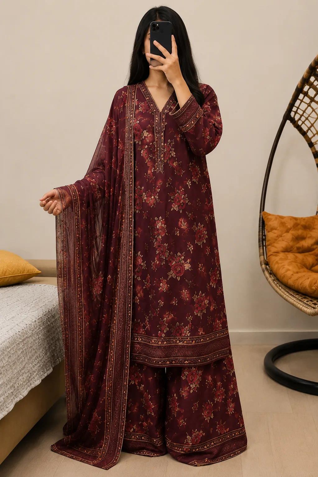 Maroon Embroidered Lawn Suit